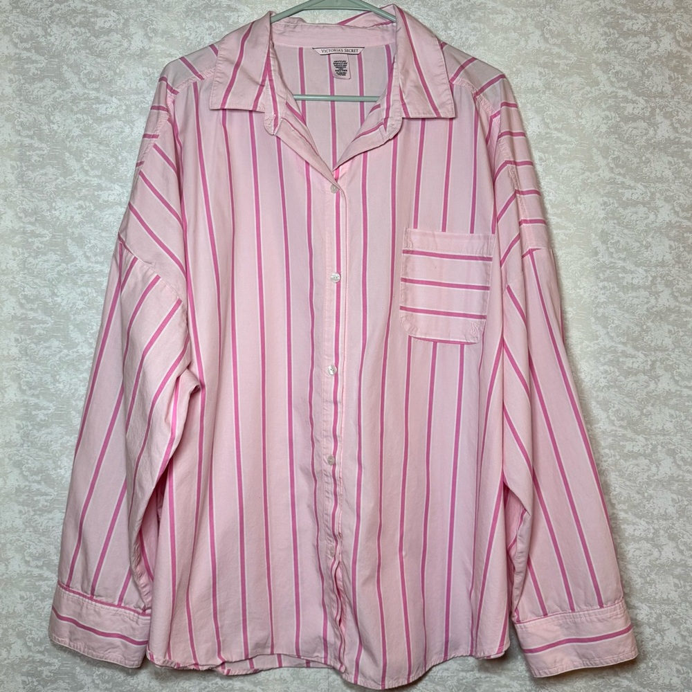 Victoria's Secret XL Sleep shirt Button up Pink stripes Collar Cotton Women's